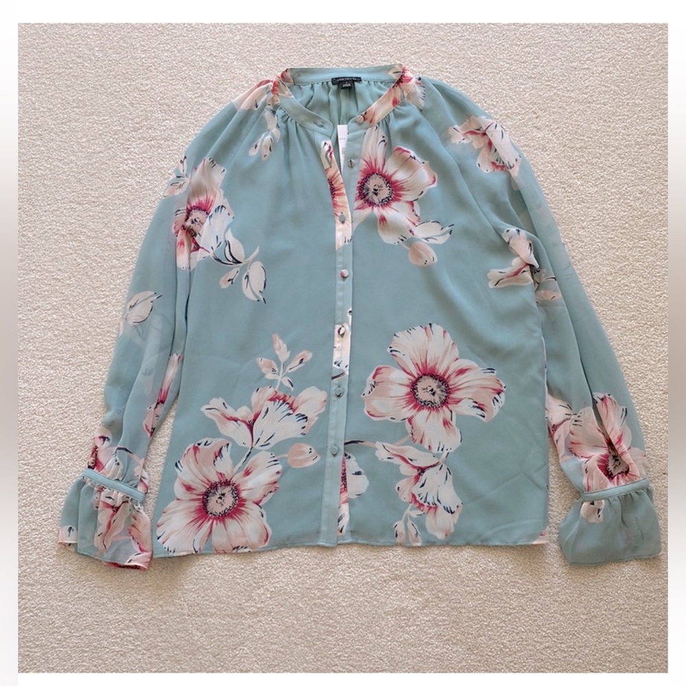 Ann Taylor Floral Shirred Button Down Blouse Top Small